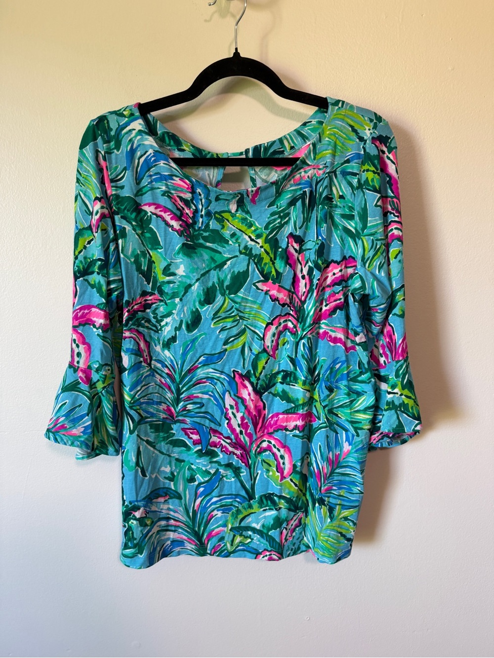 Lilly Pulitzer Fontaine 3/4-bell-sleeve top Porto Blue "In the Trees” size XL